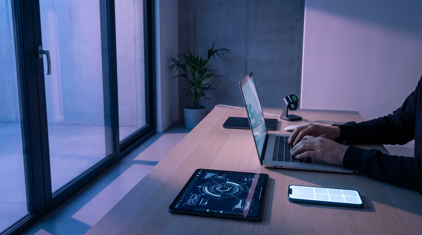 Professional overwhelmed by multiple glowing digital screens on a desk during the blue hour.