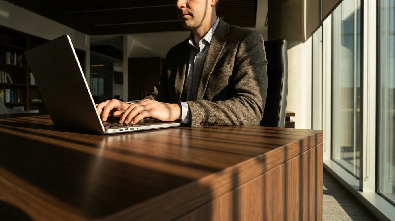 Professional paused at a laptop, shadowed, contemplating communication boundaries.