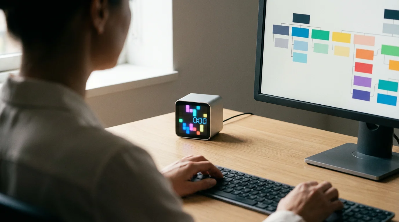 Professional pausing deep work at a minimalist desk after a timebox timer elapsed in soft morning light.