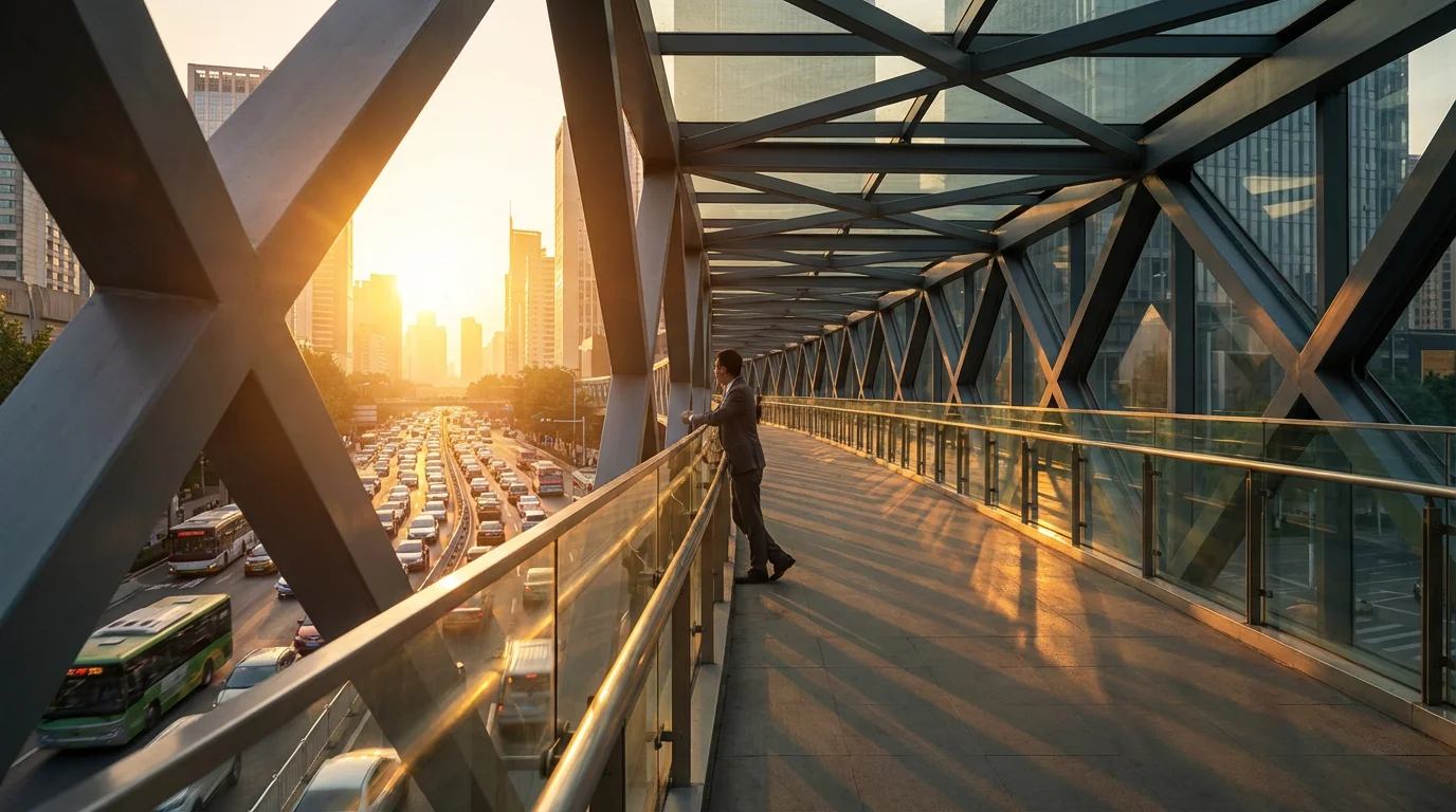 Professional pausing on a modern city bridge at sunset to reflect on work hurdles