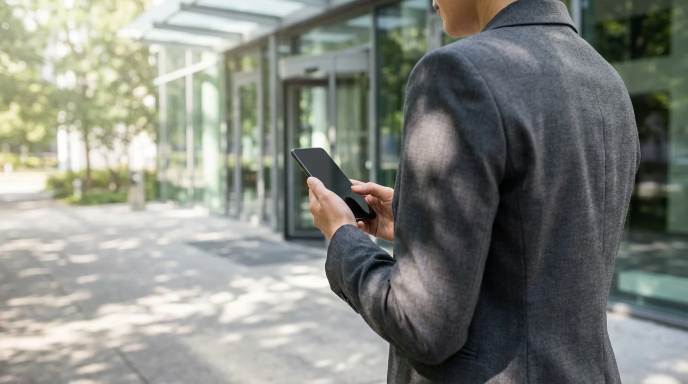 Professional pausing on a sunny walkway, using a phone during a mindful work break.