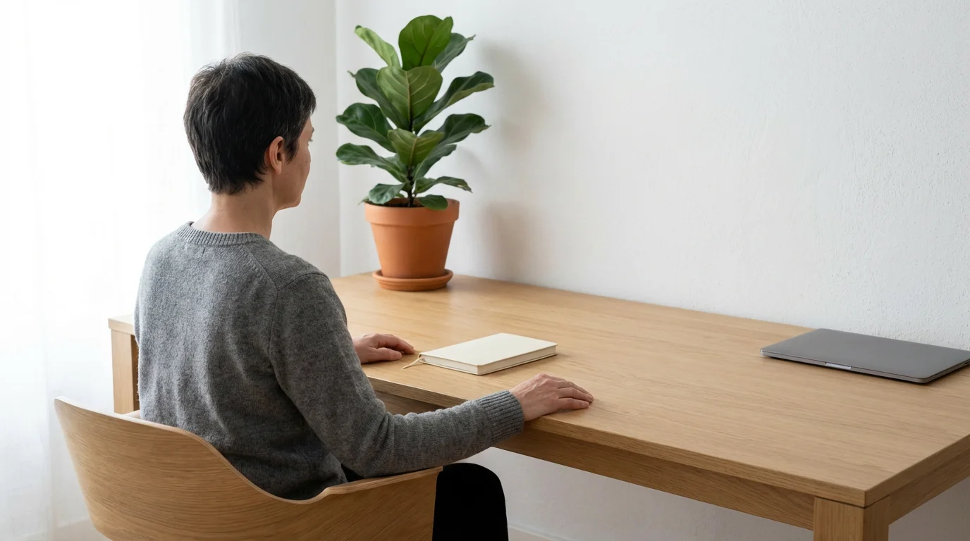 Professional performing a focused, calm startup ritual at a minimalist desk before opening their laptop.