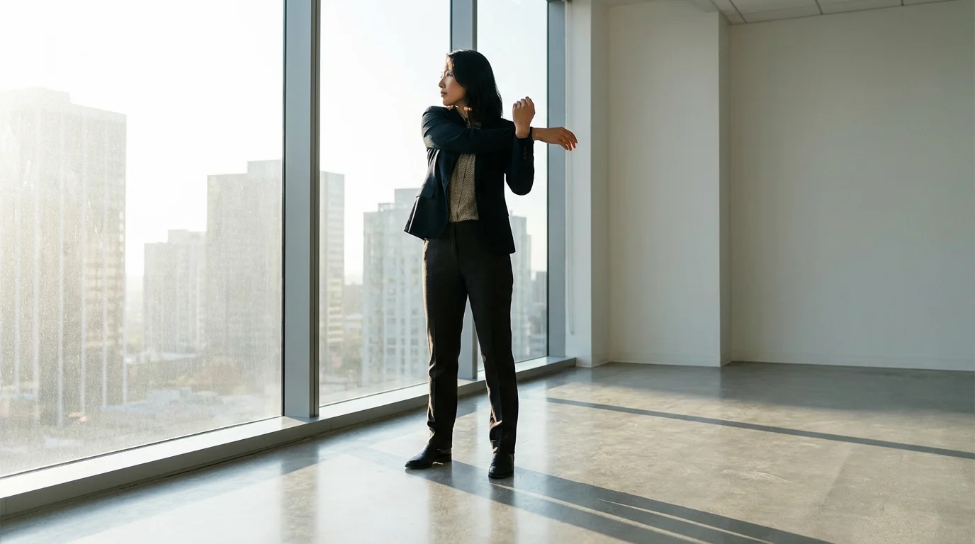 Professional performing a morning stretching ritual by a large window with natural light.
