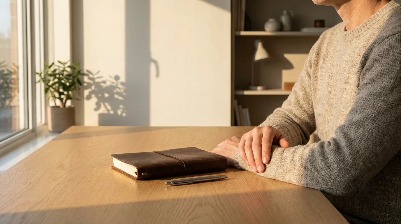 Professional performing a shutdown ritual, closing a notebook at a sunlit desk during golden hour.