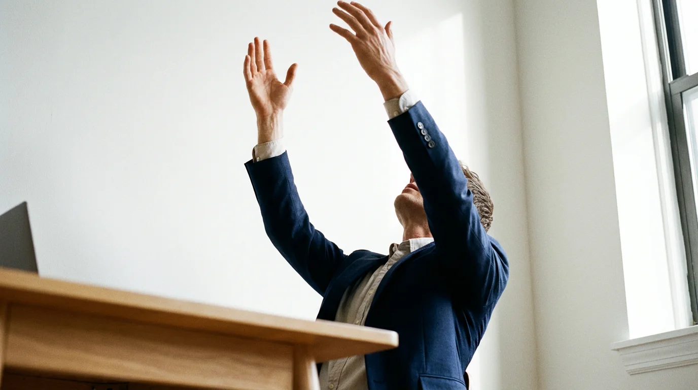 Professional performing a strategic standing stretch beside a desk, illuminated by natural window light.
