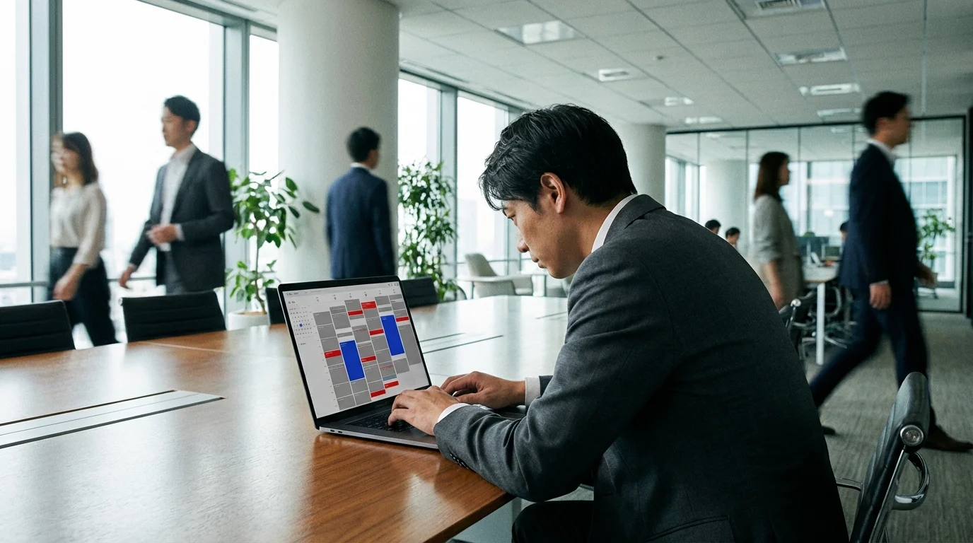 Professional person focusing on a digital calendar with protective blue blocks amidst red schedule chaos.