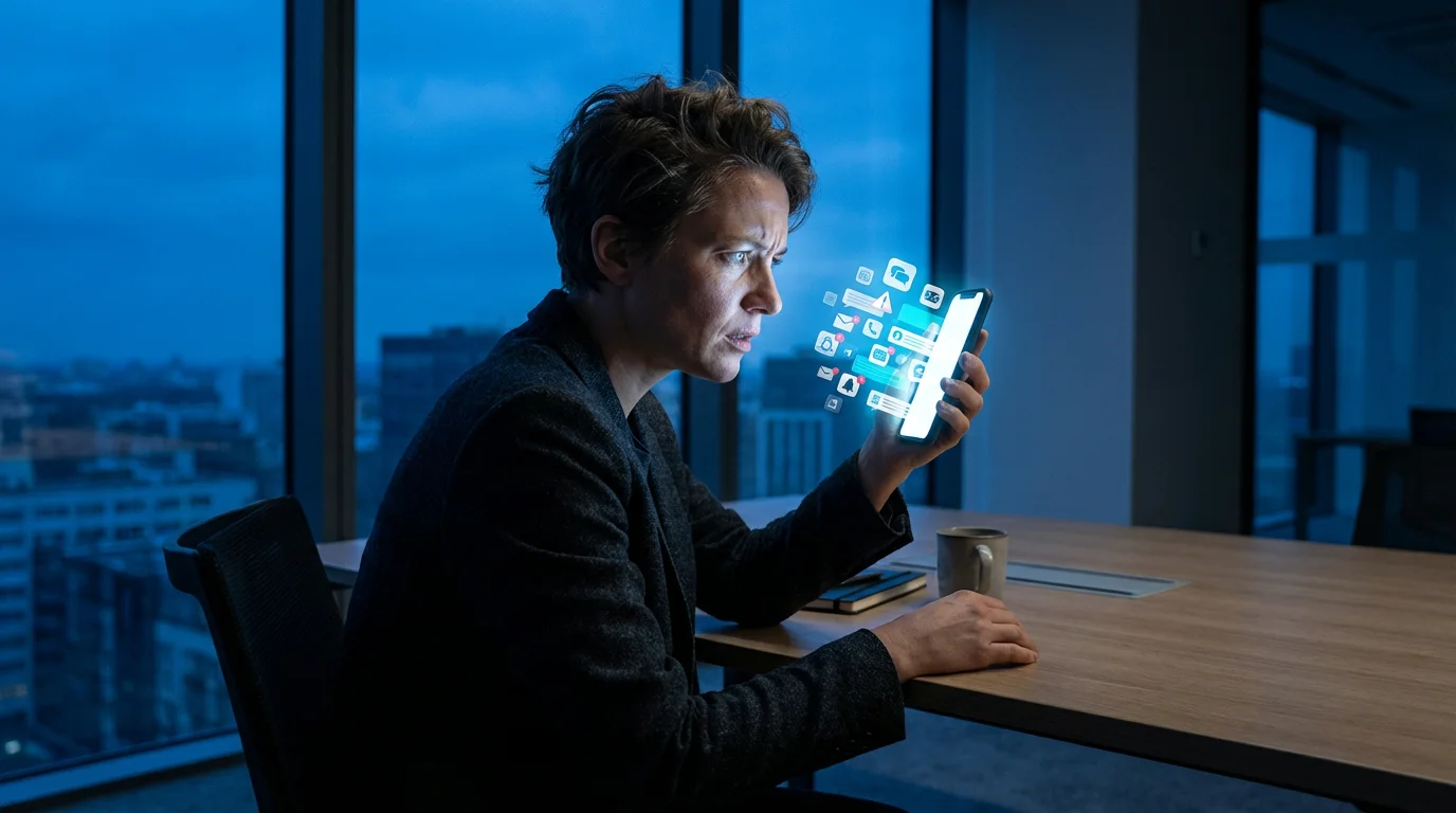 Professional person overwhelmed by continuous, glowing smartphone notifications during blue hour.