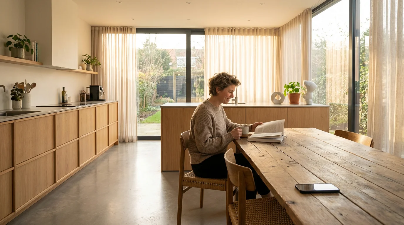 Professional person reads a journal at a table, keeping their face-down smartphone far away.