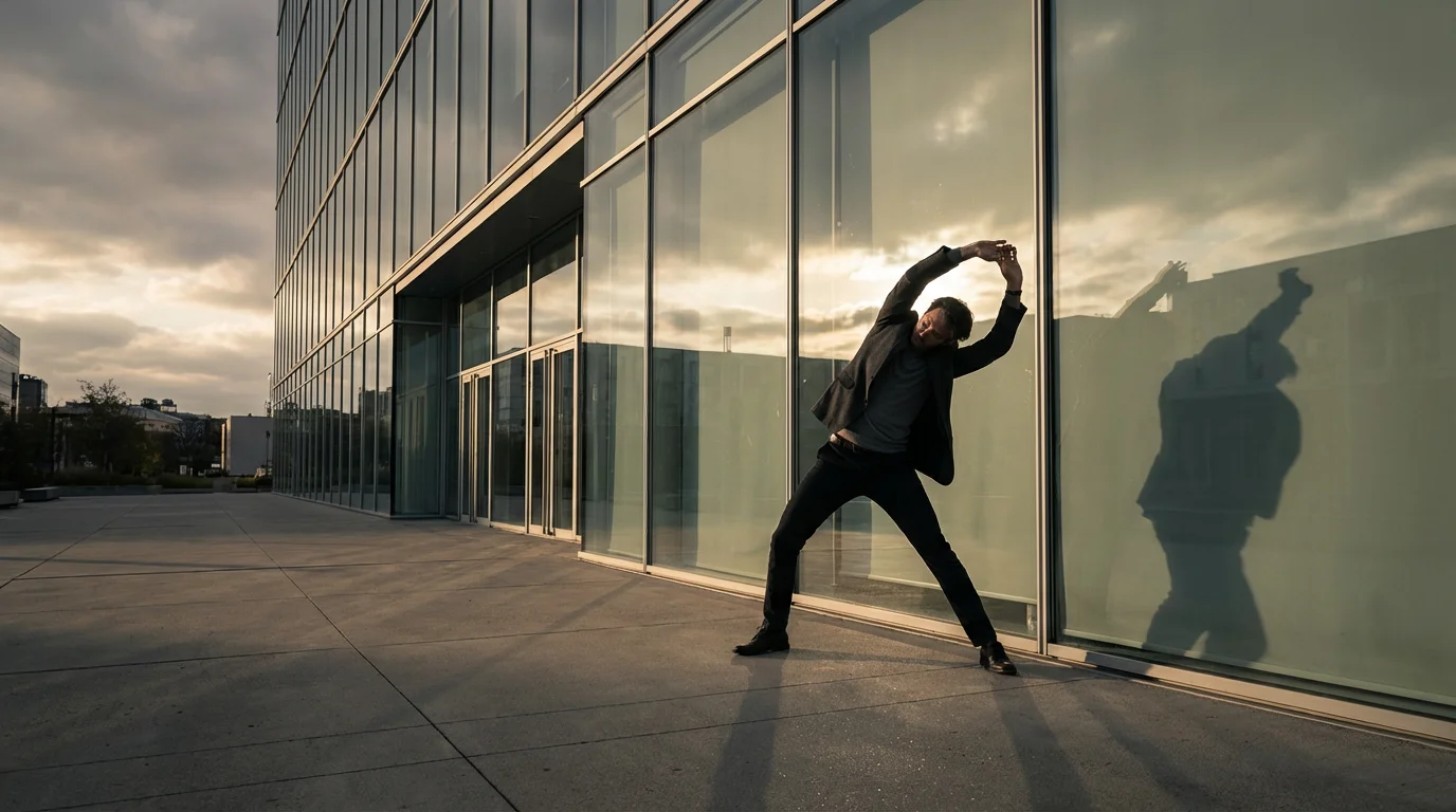 Professional person stretching outside modern office building in dramatic afternoon shadows.