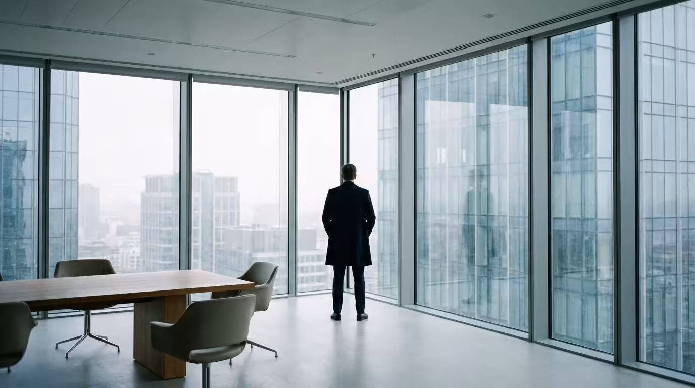 Professional person visualizing success in a modern office overlooking a city skyline.