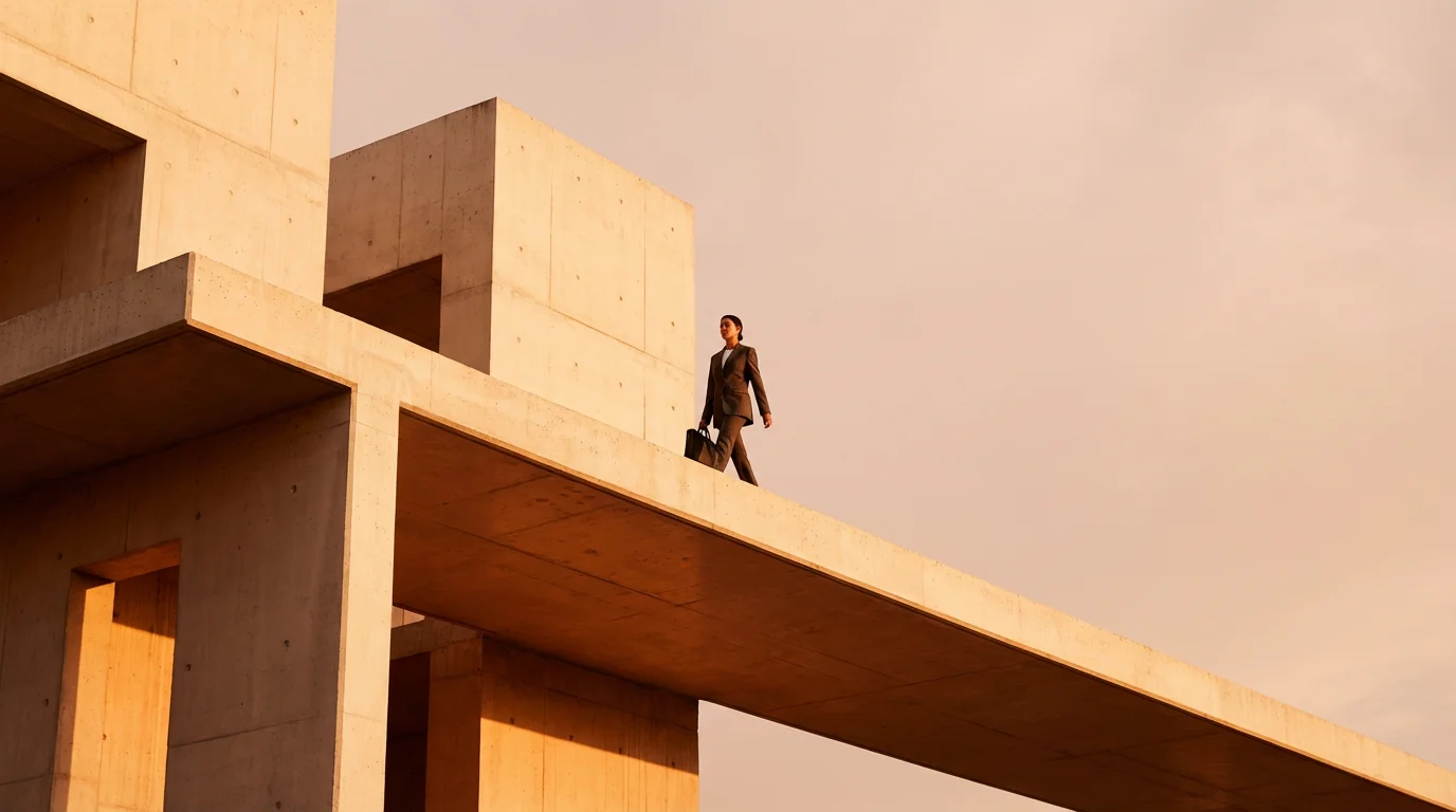 Professional person walking confidently on a wide, stable concrete path at golden hour.