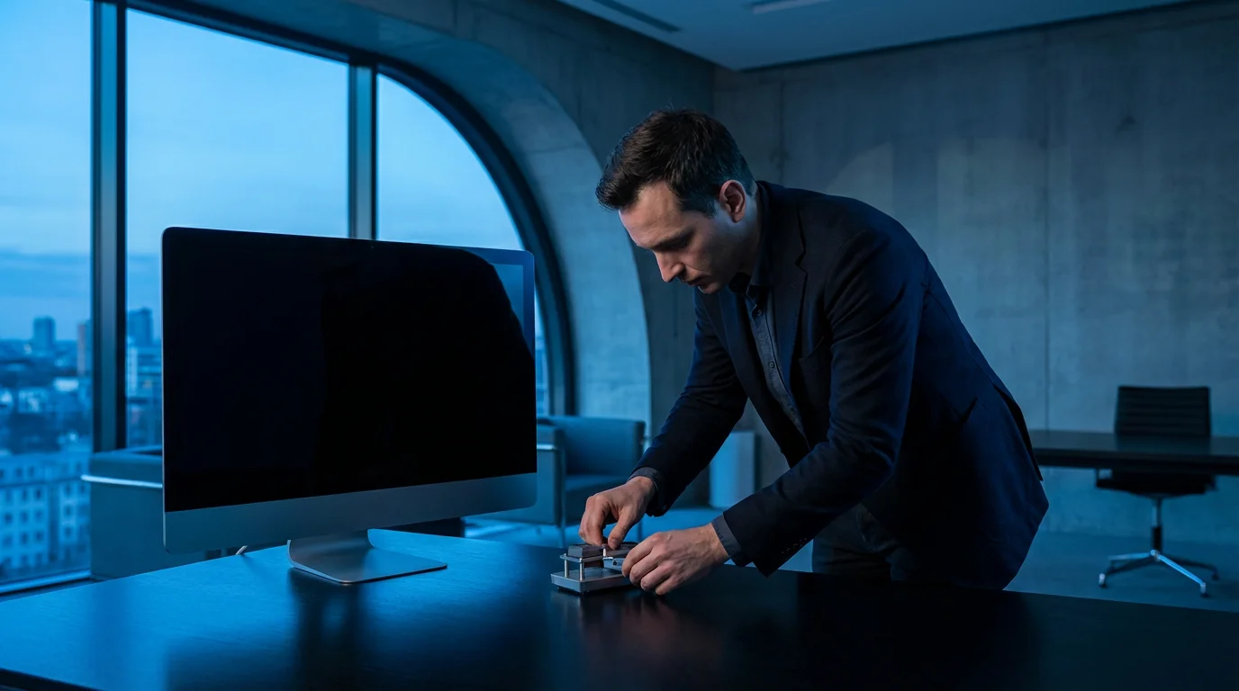 Professional person working intensely on a dark desk with no visual feedback during blue hour.