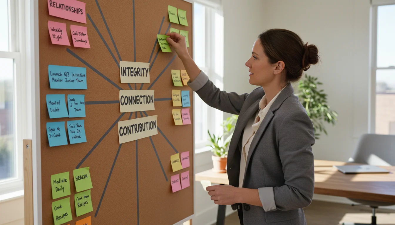 A professional placing a sticky note on a corkboard mapping core values to goals in career, relationships, and health.