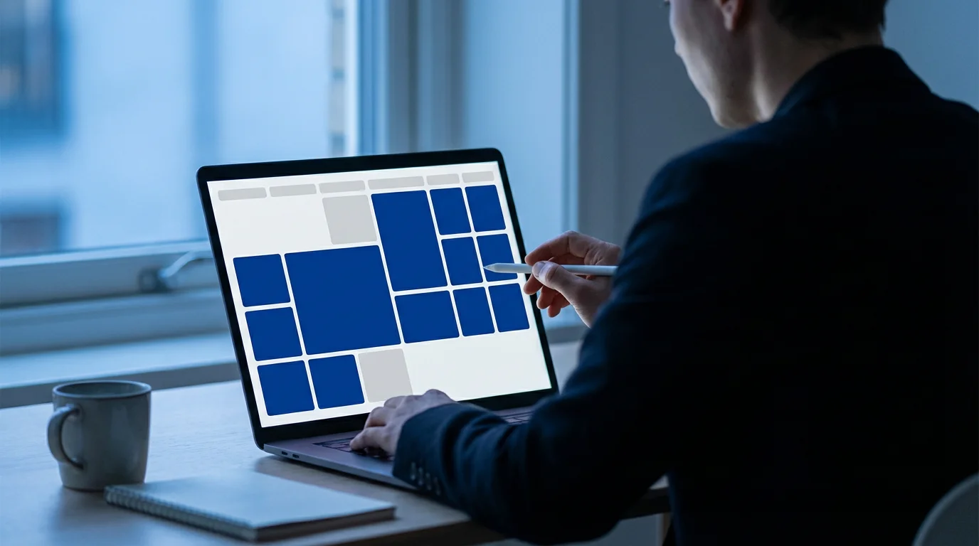 Professional planning weekly priorities on a laptop calendar during blue hour with large blue work blocks.