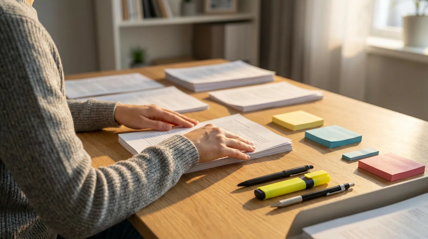 Professional preparing organized research documents on a clean desk, bathed in warm golden hour light.