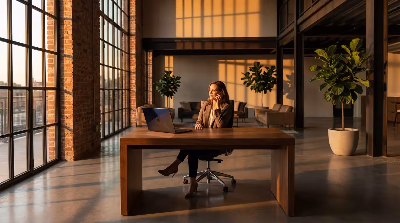 Professional project manager sitting in a sunlit modern office handling a call calmly.
