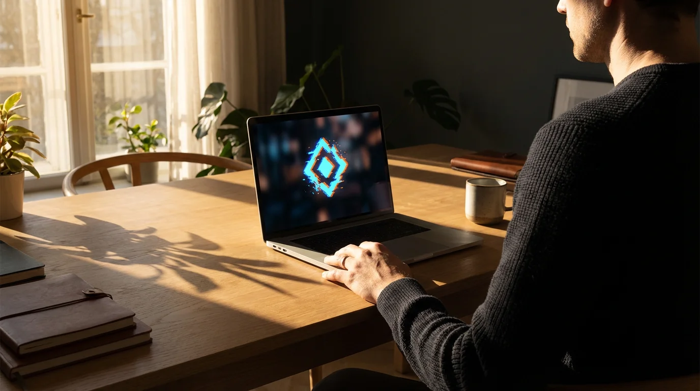 Professional protects focus from meeting ambush on laptop, seen from over-the-shoulder angle.