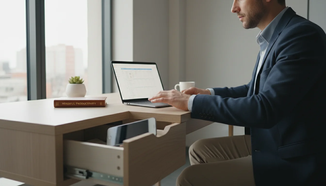Professional putting smartphone into a desk drawer, preparing to work on a laptop with a digital planner. Minimalist desk setup.