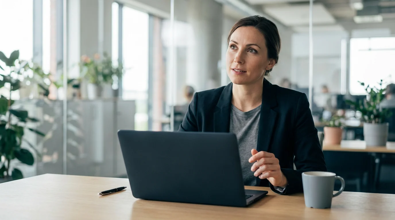 Professional reacting to an unexpected, off-camera interruption at a modern office desk.