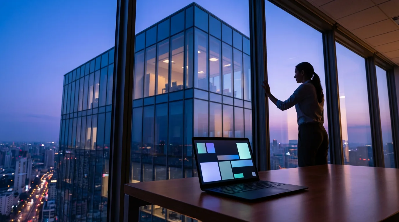 Professional reflecting during blue hour, reviewing abstract schedule on a laptop near a large window.