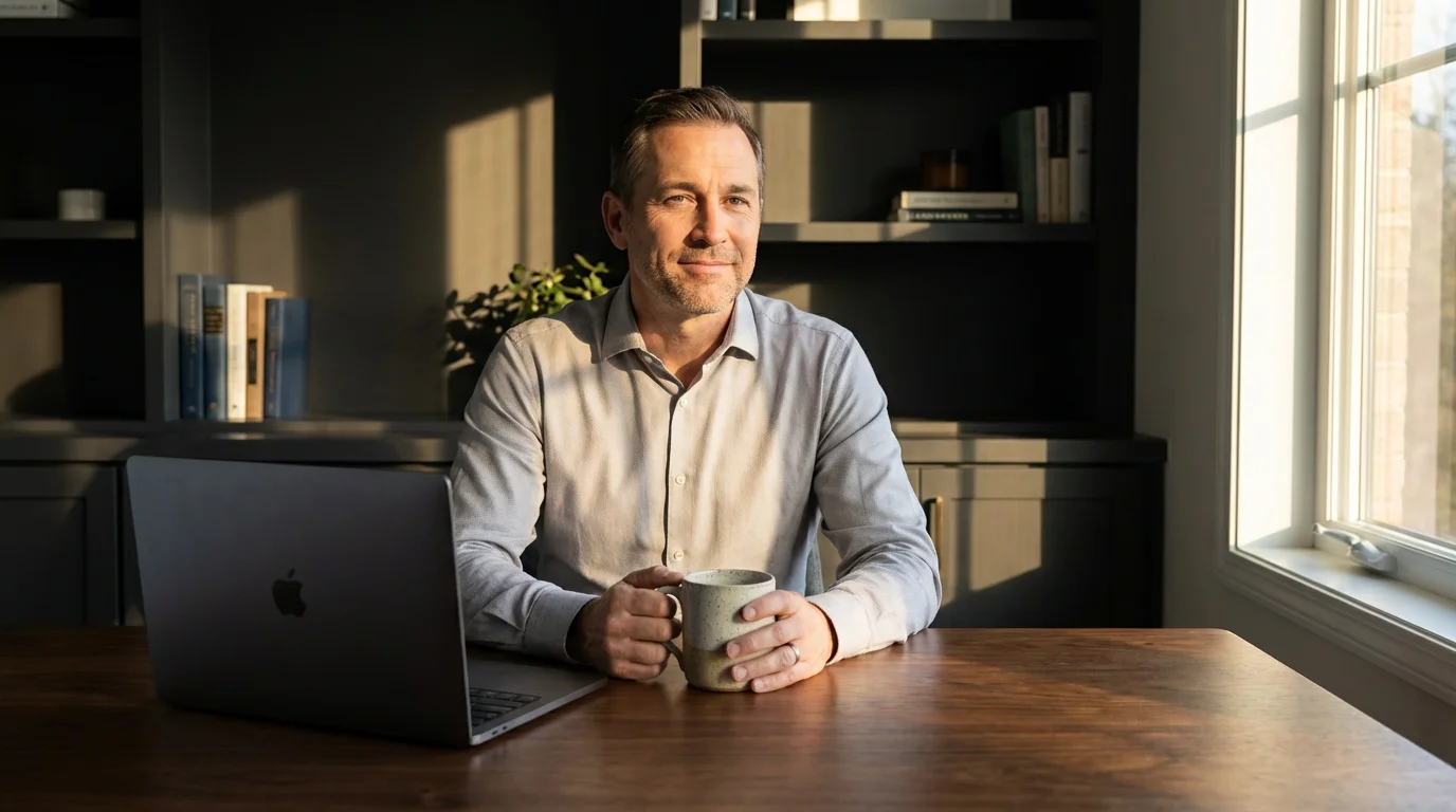 Professional resting at a clean desk in moody lighting representing inbox control.