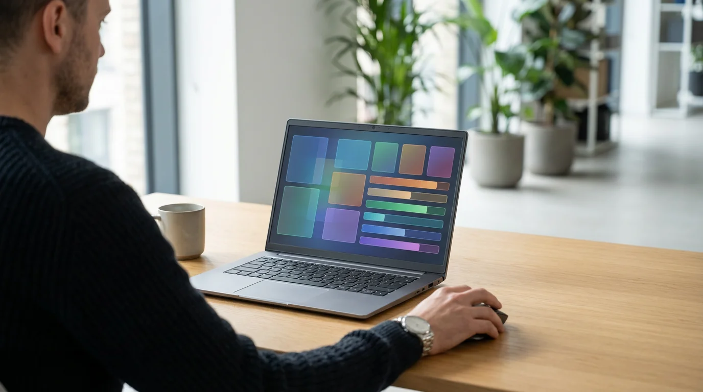 Professional reviewing abstract color-coded digital schedule on laptop in sunny office.