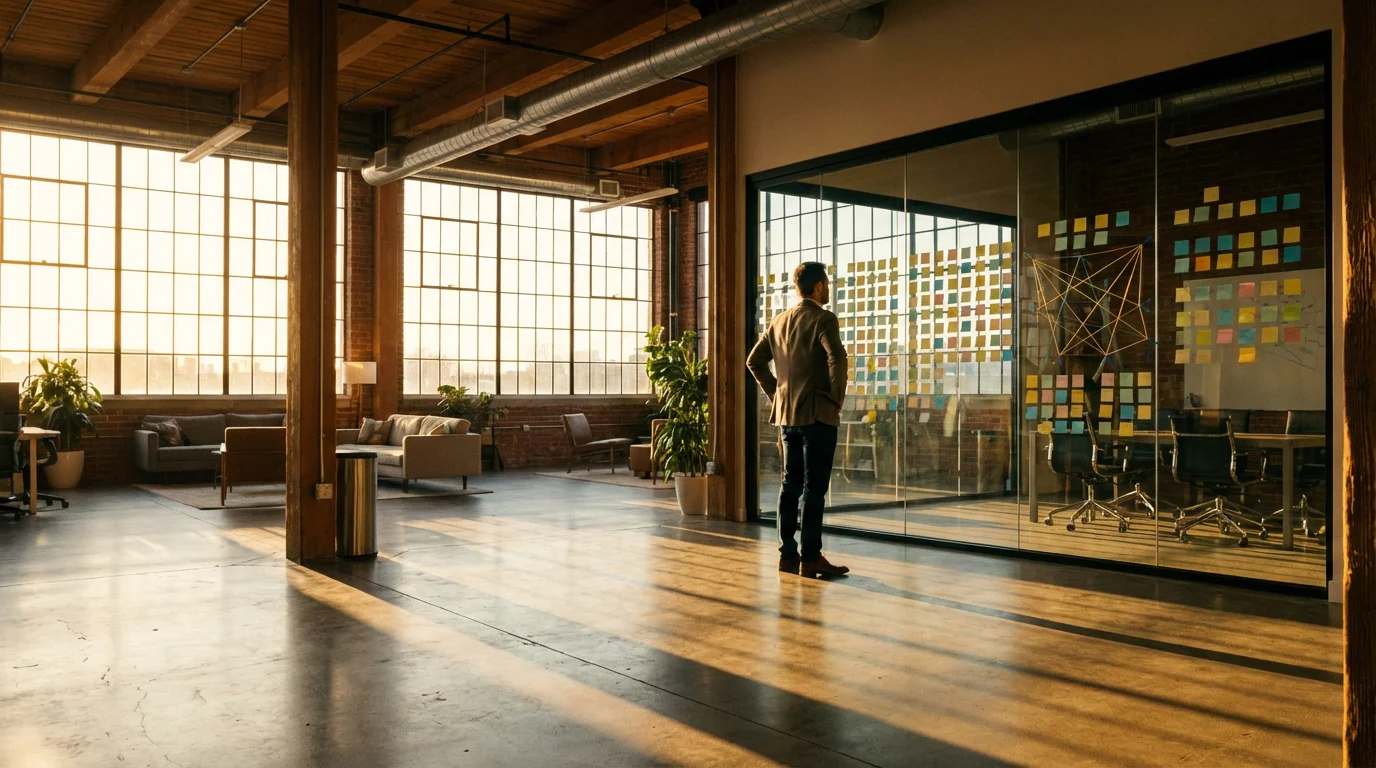 Professional reviewing abstract planning wall in a sunlit modern office during golden hour.
