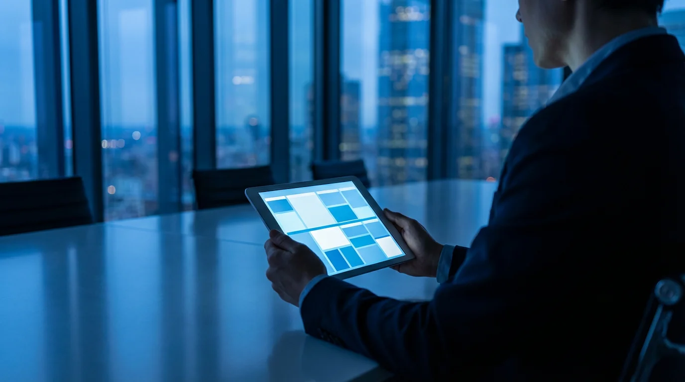 Professional reviewing detailed digital meeting agenda structure on a tablet in a cool, blue hour office.
