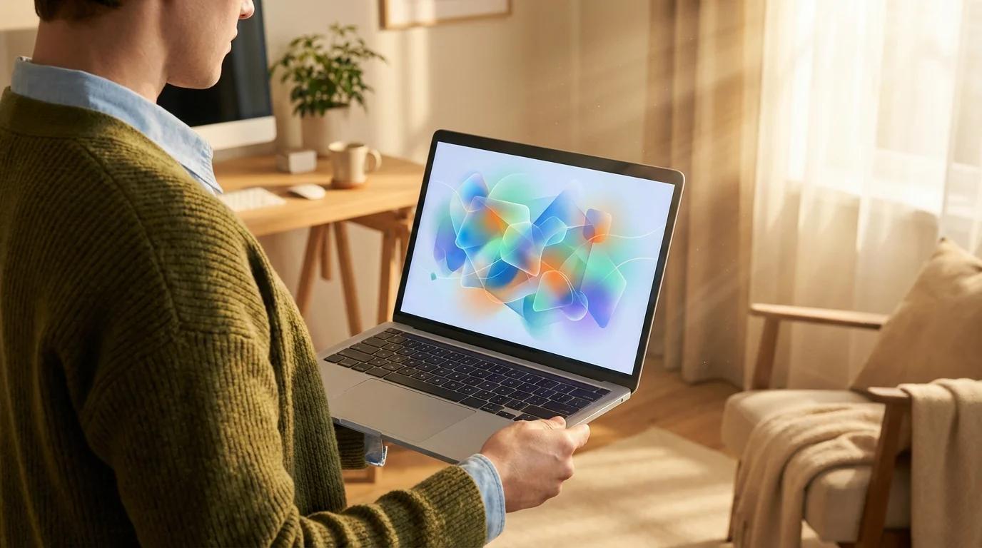 Professional reviewing remote collaboration tool during warm golden hour light.