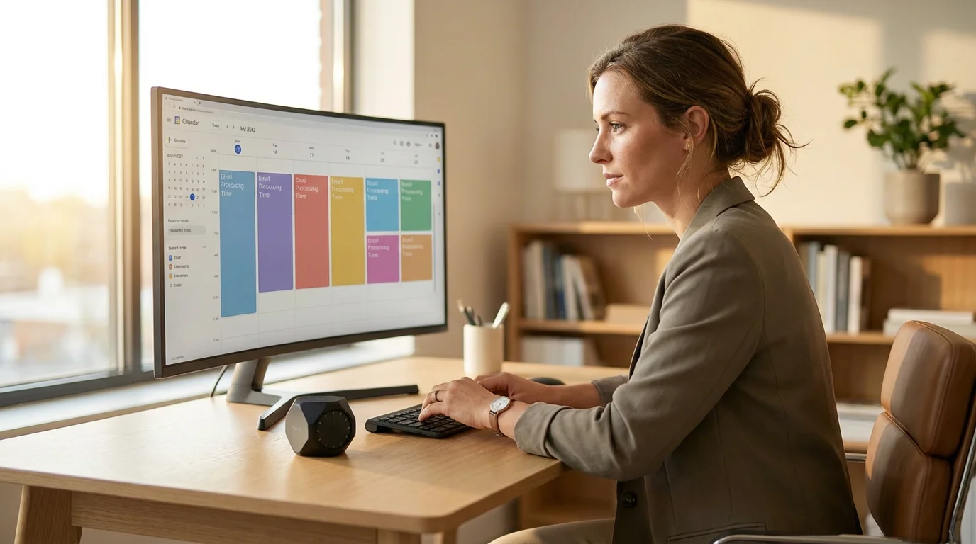Professional scheduling dedicated, time-blocked email processing sessions on a digital calendar.