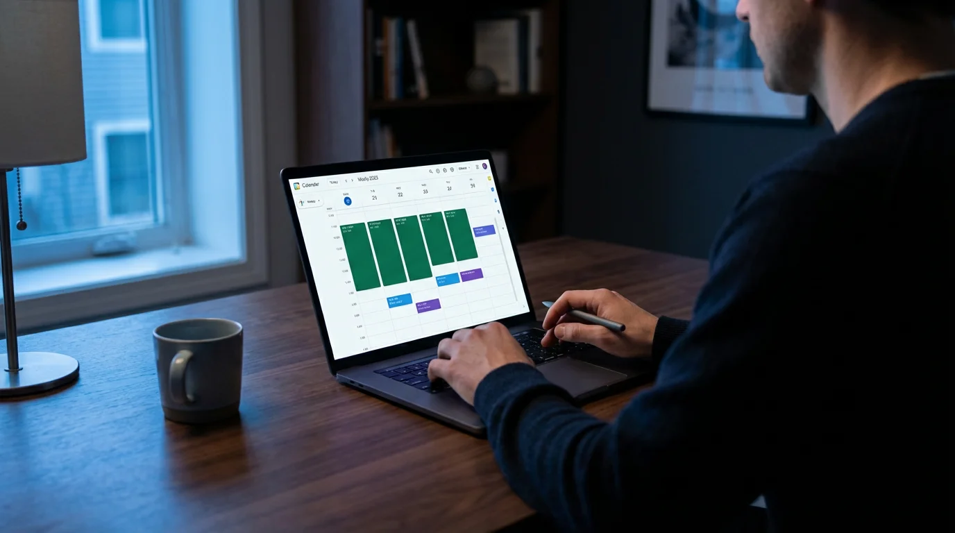 Professional scheduling weekly deep work blocks on a digital calendar during quiet Blue hour.