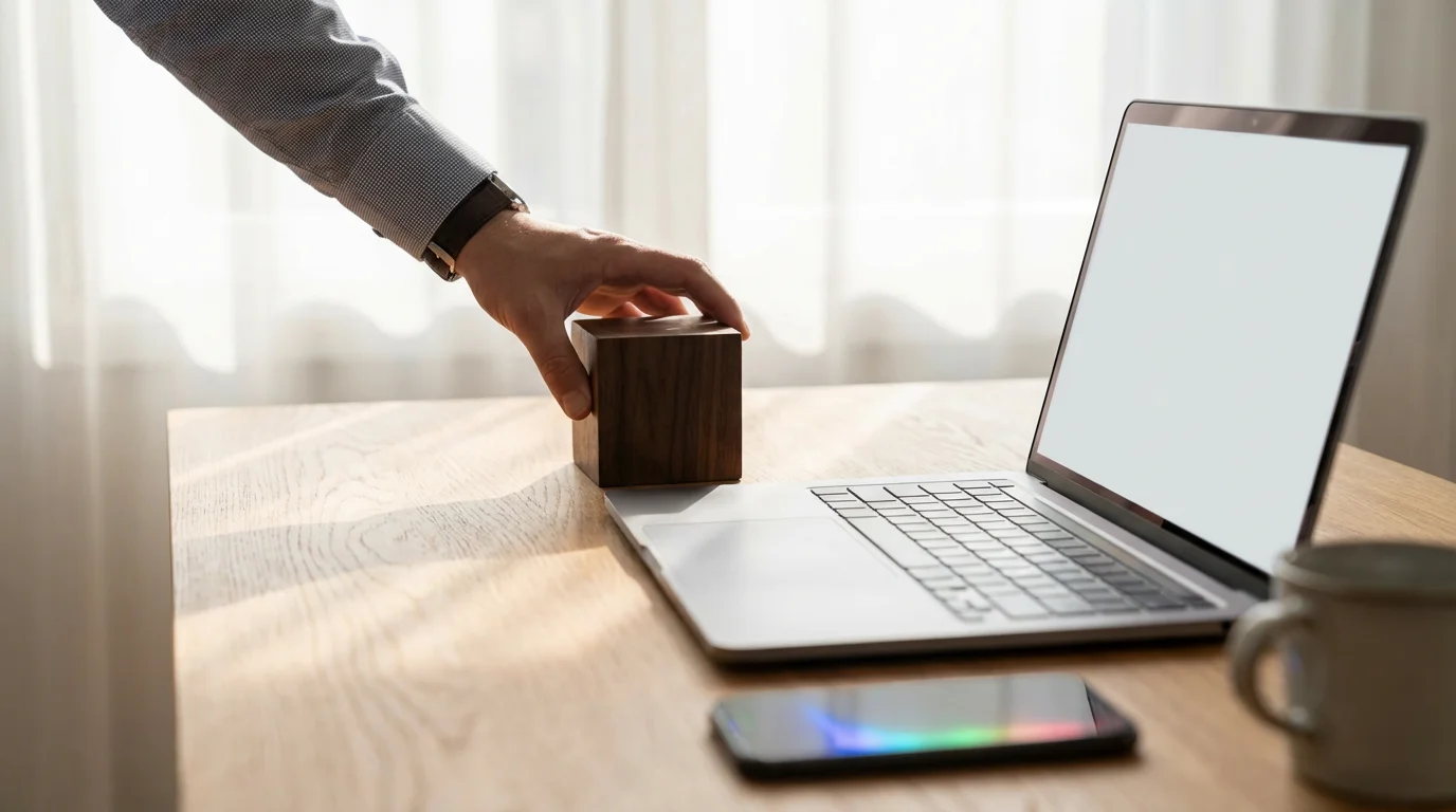 Professional setting a time boundary using a dark wooden block next to a laptop on a clean desk.