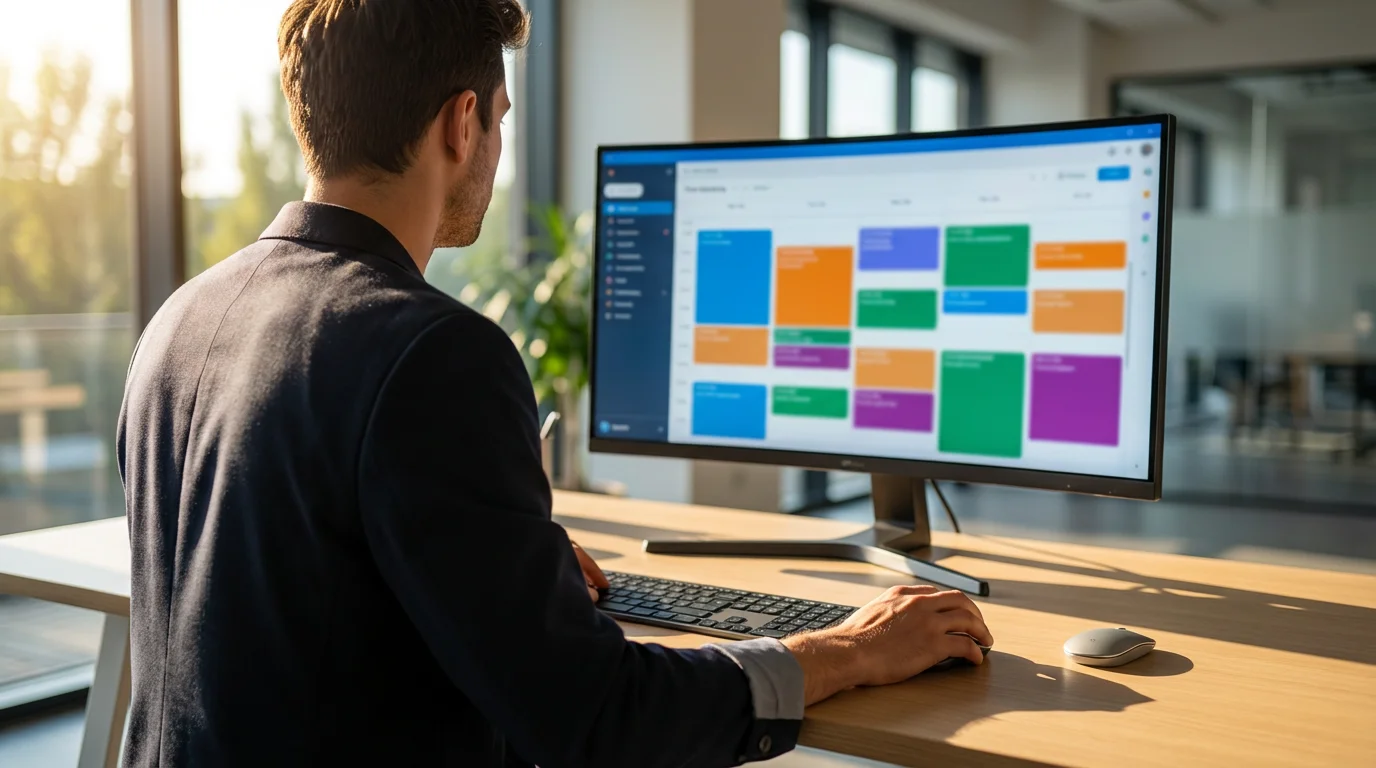 Professional setting up a color-coded digital time blocking calendar on a monitor with moody afternoon light.