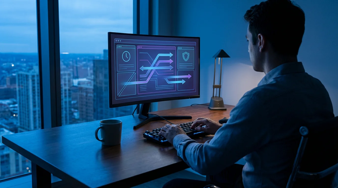 Professional setting up automated email filtering rules on a computer during blue hour.