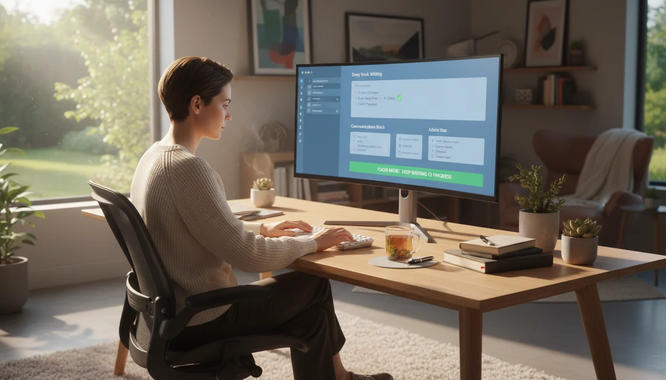 A professional sits at a clean desk, focused on a monitor displaying a Notion-like interface with batched task categories.