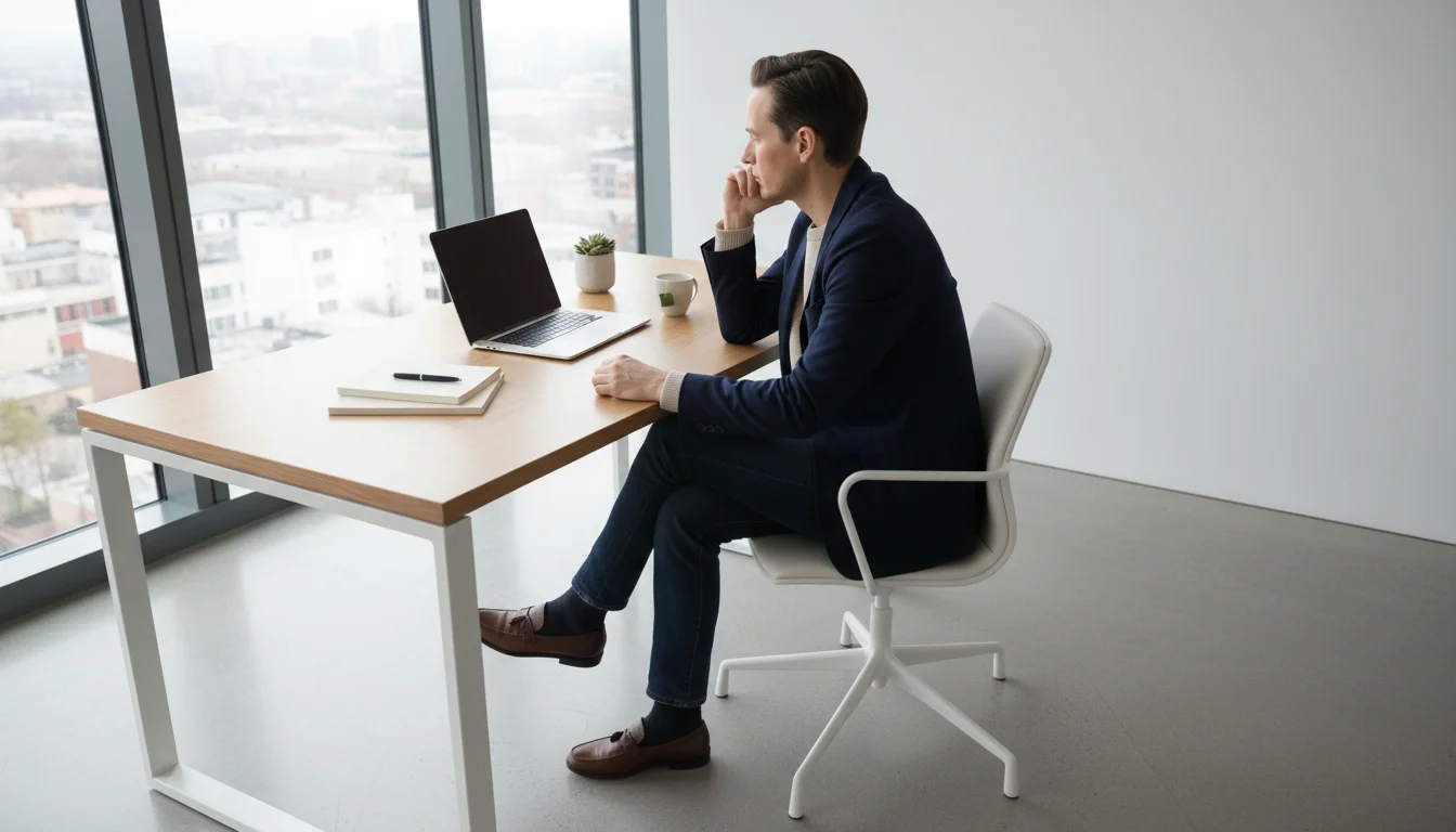 A professional sits at a clean, well-lit desk, looking away from an open laptop, with their head resting on one hand.