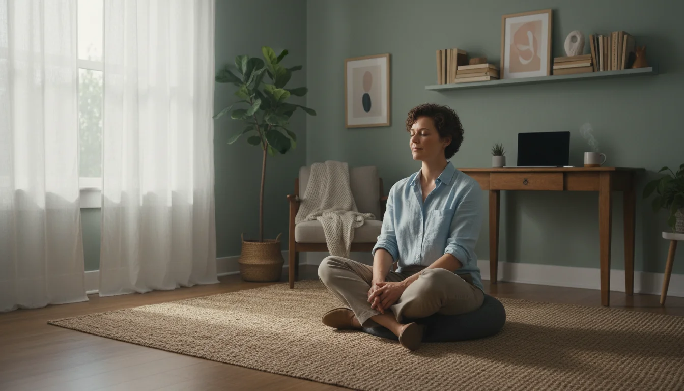A professional sits cross-legged on a rug in a sunlit, minimalist office, eyes closed in deep thought. An open journal rests nearby.
