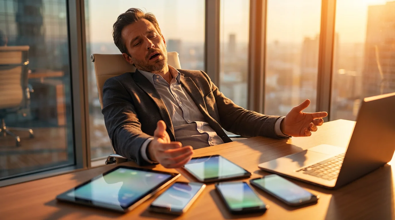 Professional sits overwhelmed at a desk cluttered with multiple glowing digital devices at sunset.