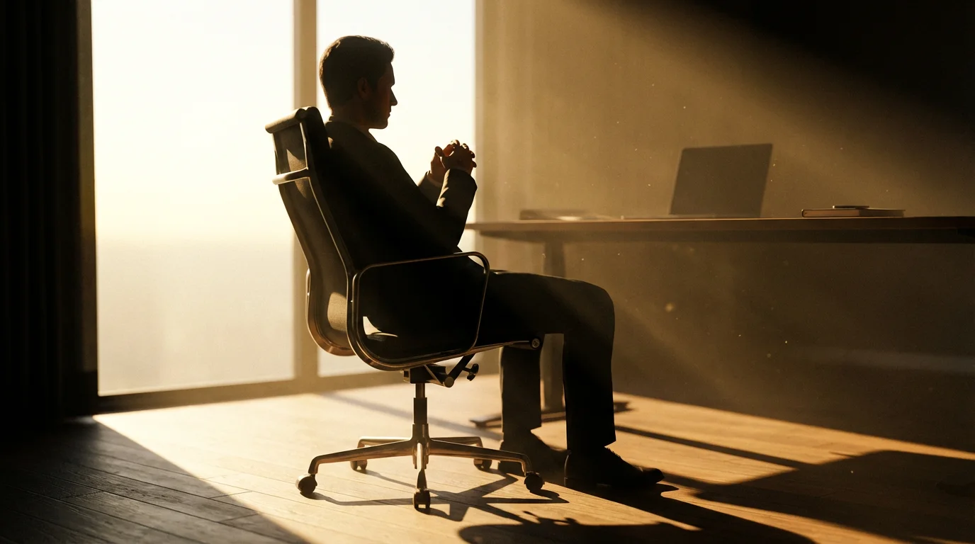 Professional sitting in moody afternoon lighting with dramatic shadows in a home office.