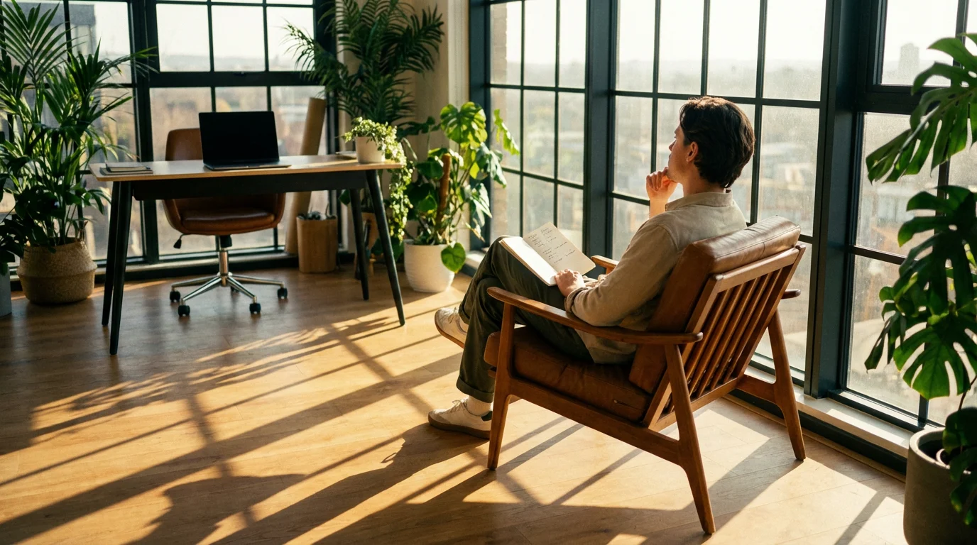 Professional sitting in sunlit office reflecting on work with a journal.