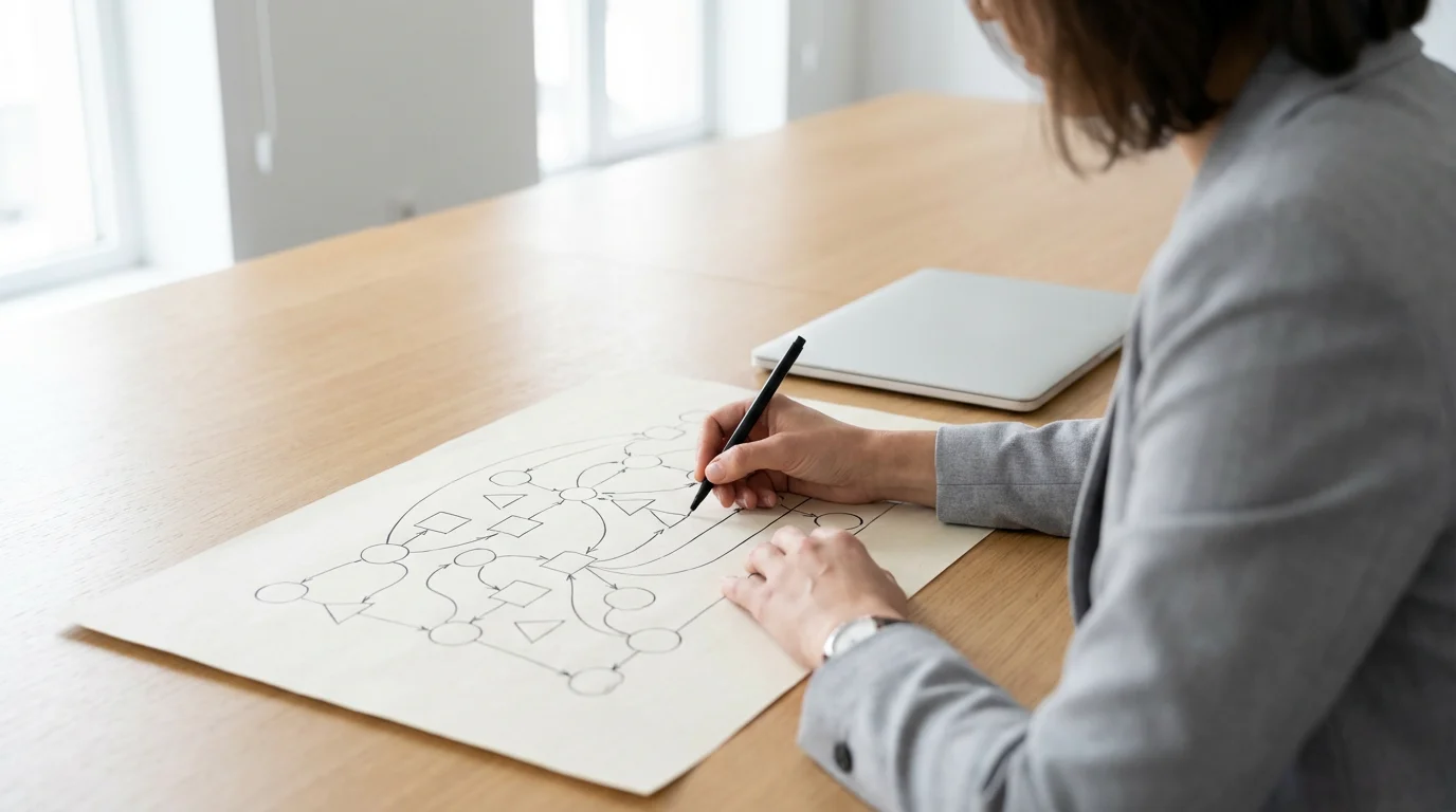 Professional sketching a strategic system map on paper; closed laptop nearby.