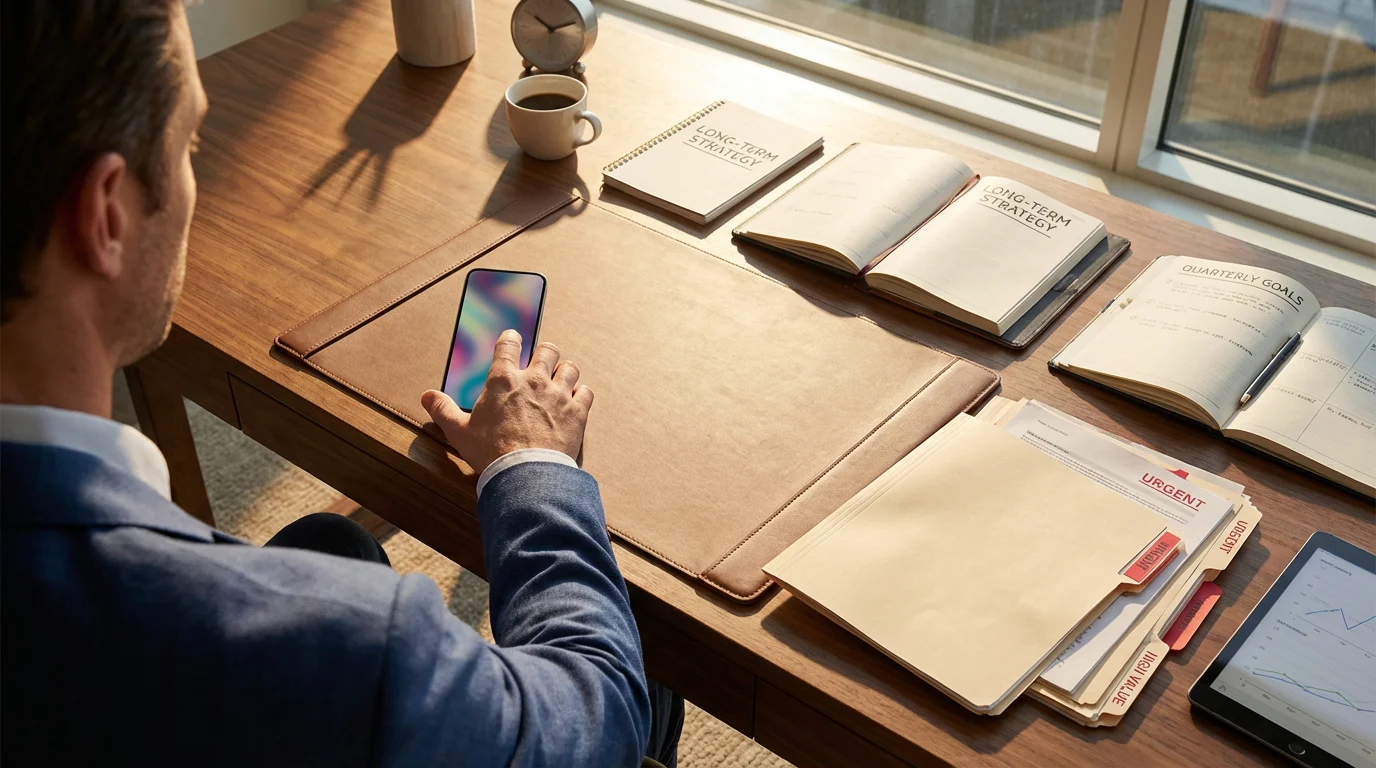 Professional sorting tasks on a desk, actively moving a distracting phone away during golden hour.