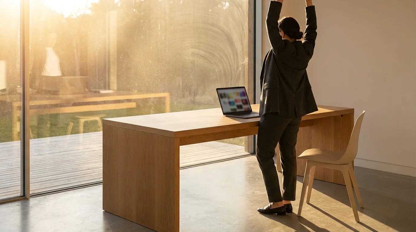 Professional standing and stretching during a scheduled break in a warm, sunlit office.