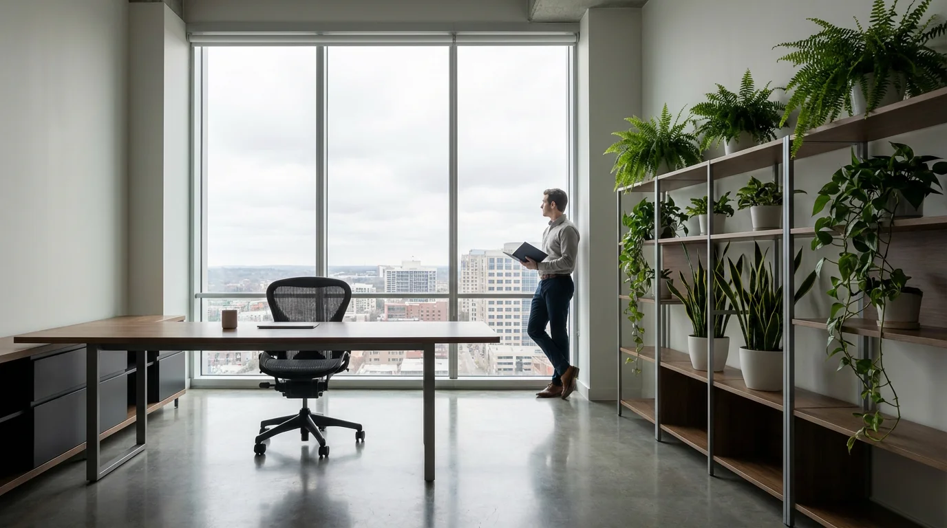 Professional standing in a modern, bright hybrid workspace with indoor plants and large windows.
