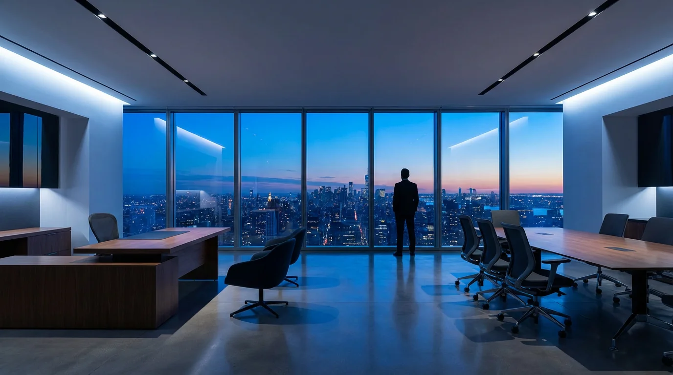 Professional standing in a modern high-rise office looking at city skyline during blue hour.