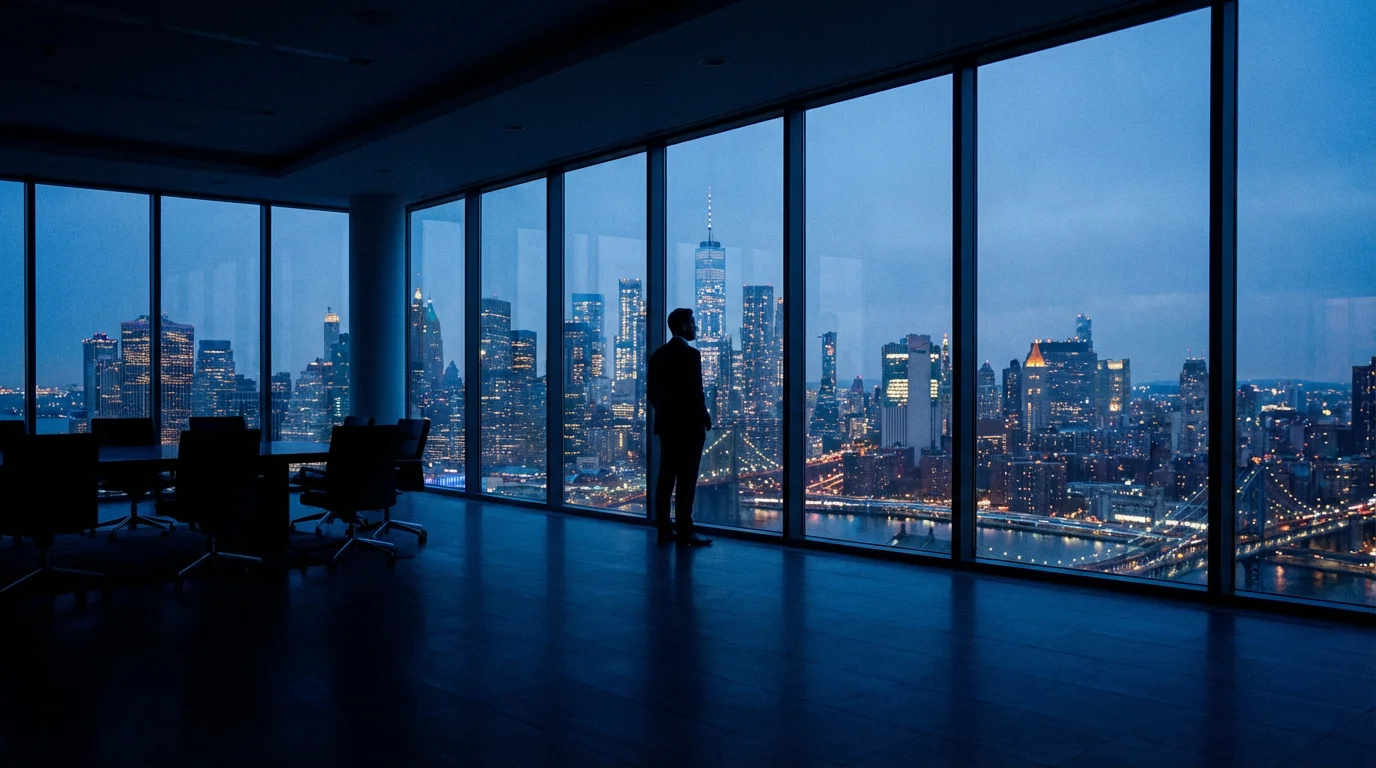Professional standing in dark office looking at city skyline during blue hour.