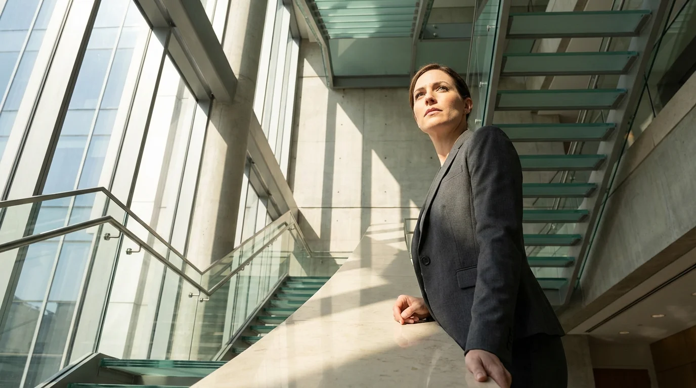 Professional standing on a modern high-rise staircase, symbolizing ambition and career ascent.