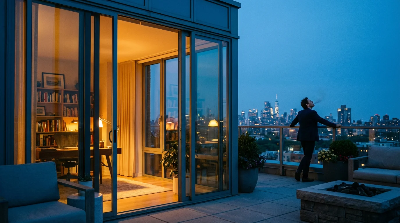 Professional standing on balcony at blue hour, transitioning from work to evening relaxation.