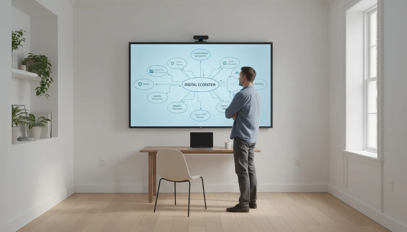 A professional stands in a bright, minimalist office, thoughtfully surveying a large, wall-mounted mind map of her digital inventory.