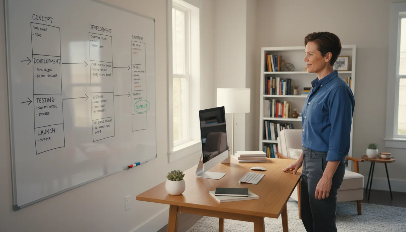 A professional stands in a clean home office, smiling at a detailed project timeline on a whiteboard. A well-organized desk and shelving unit are visi